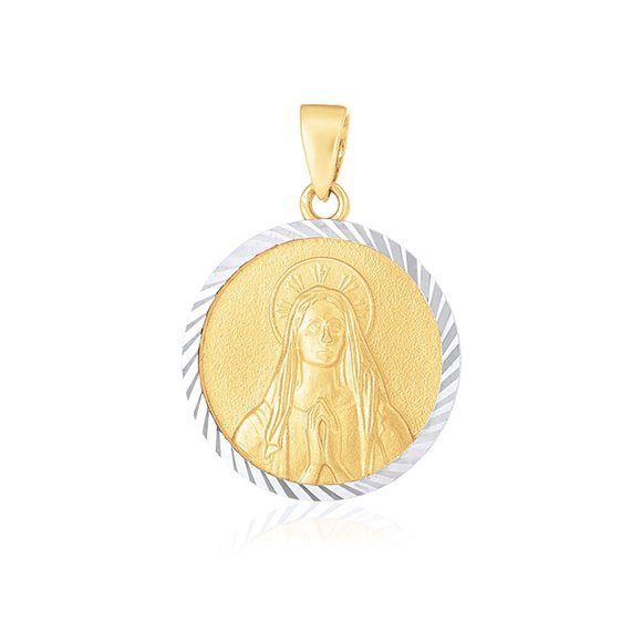 14k Two Tone Gold Round Textured Religious Medal Pendant...